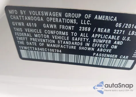 2014 Volkswagen Passat 1.8T Sel Premium из США, поврежденный, VIN 1VWCT7A34EC105794